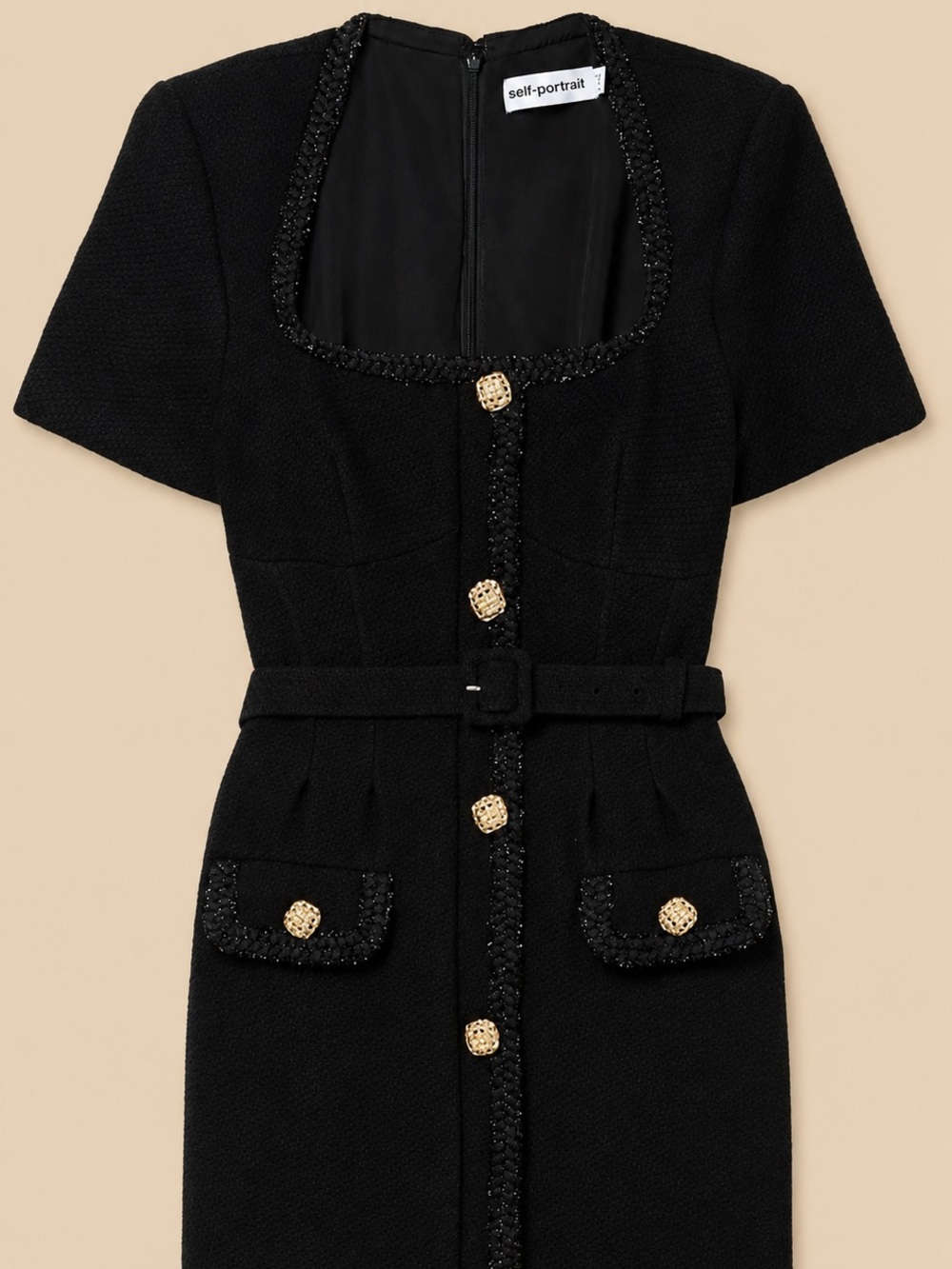 Self-Portrait Black Tweed Dress – Gold Button Detail – Classic Chic